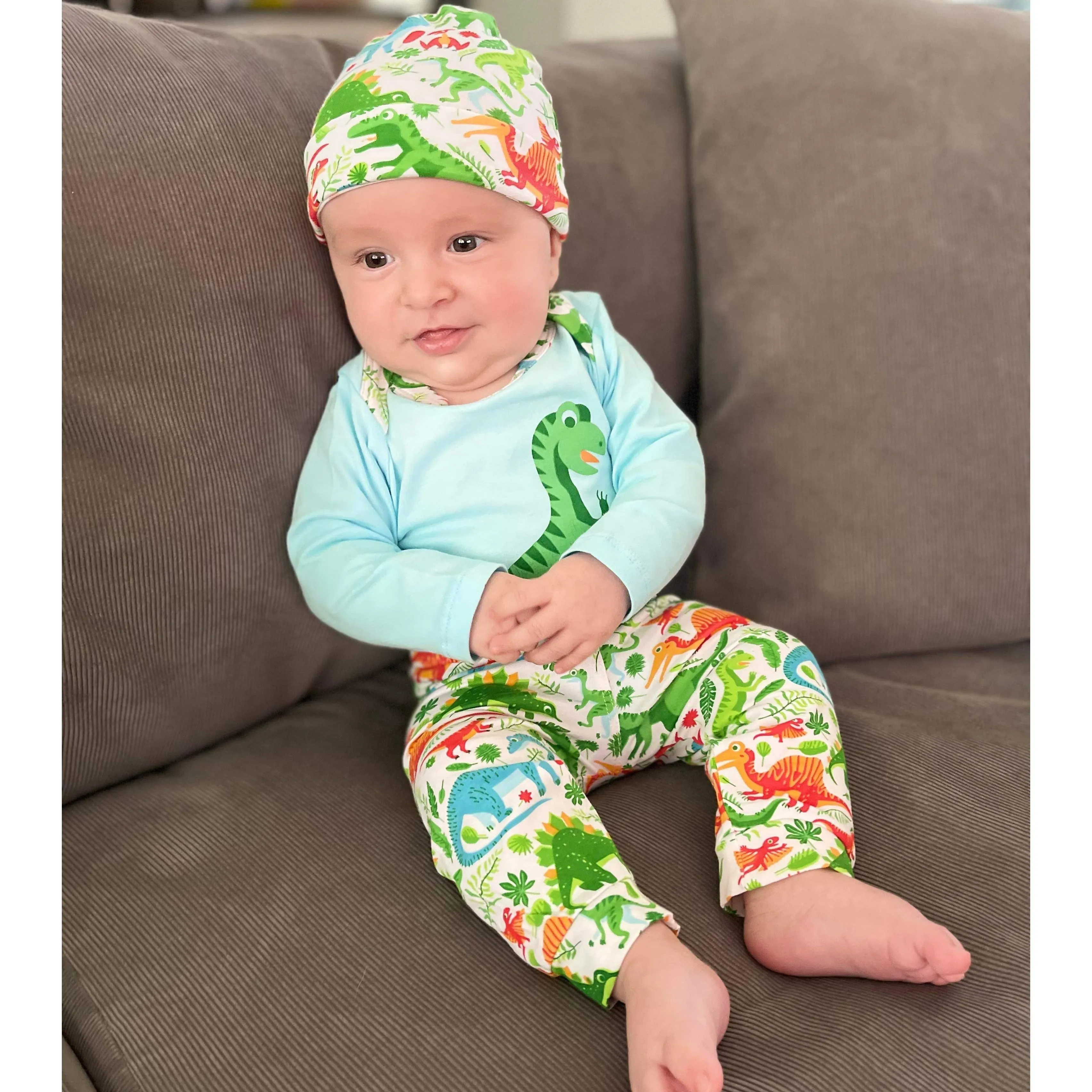 AnnLoren Baby Layette Boys Dinosaur Long Sleeve Onesie Pants Cap 3pc Gift Set