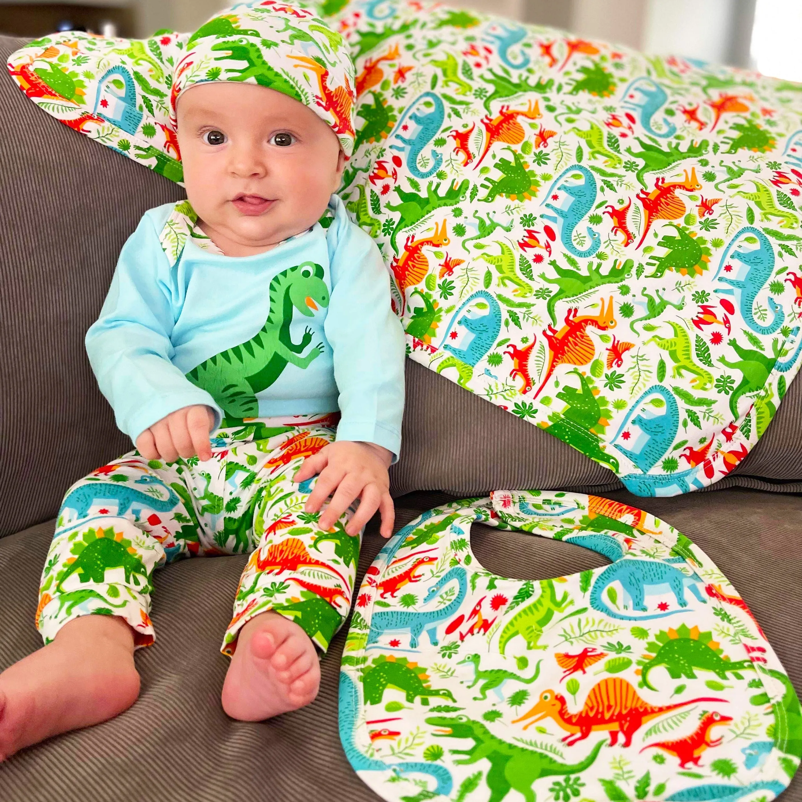 AnnLoren Baby Layette Boys Dinosaur Long Sleeve Onesie Pants Cap 3pc Gift Set