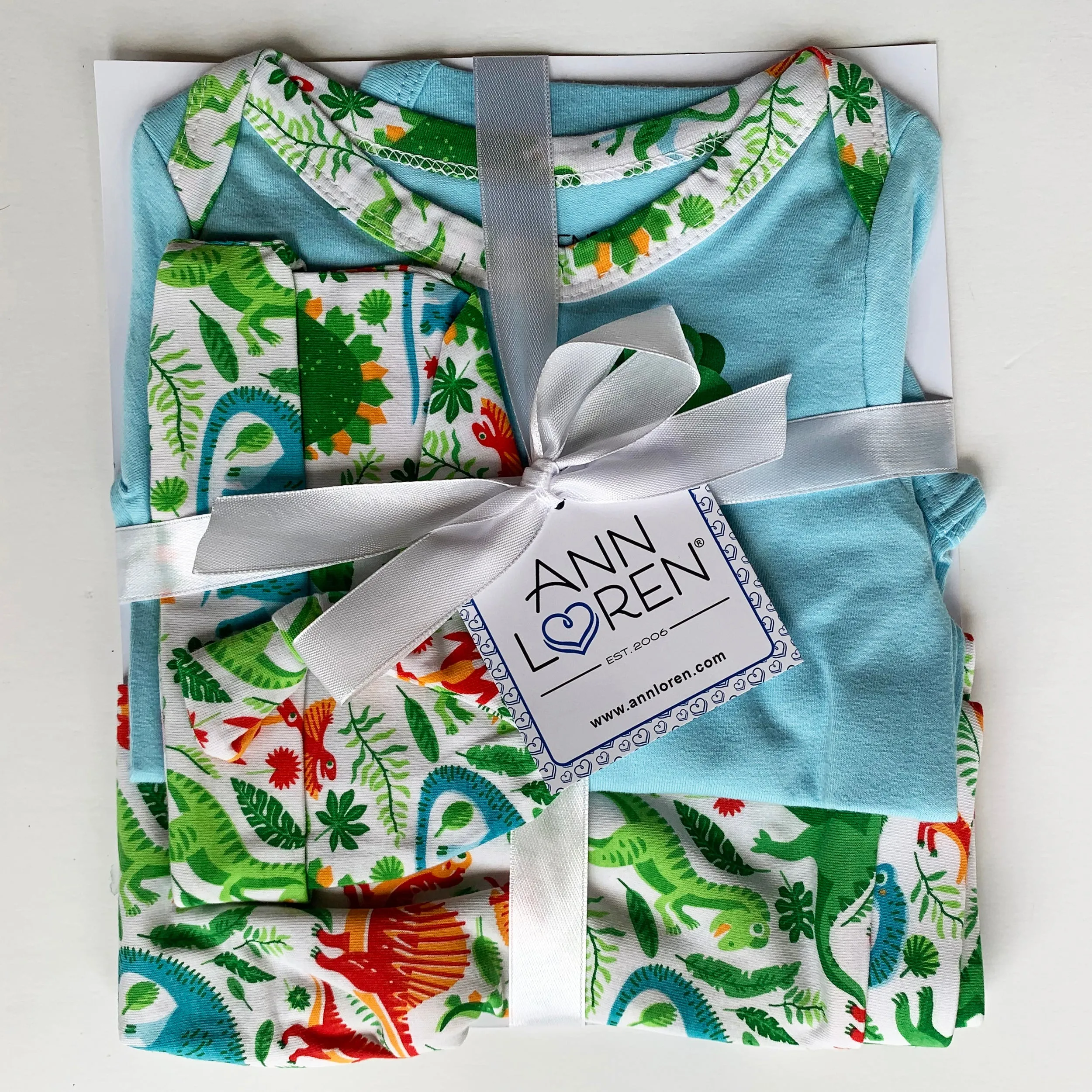 AnnLoren Baby Layette Boys Dinosaur Long Sleeve Onesie Pants Cap 3pc Gift Set