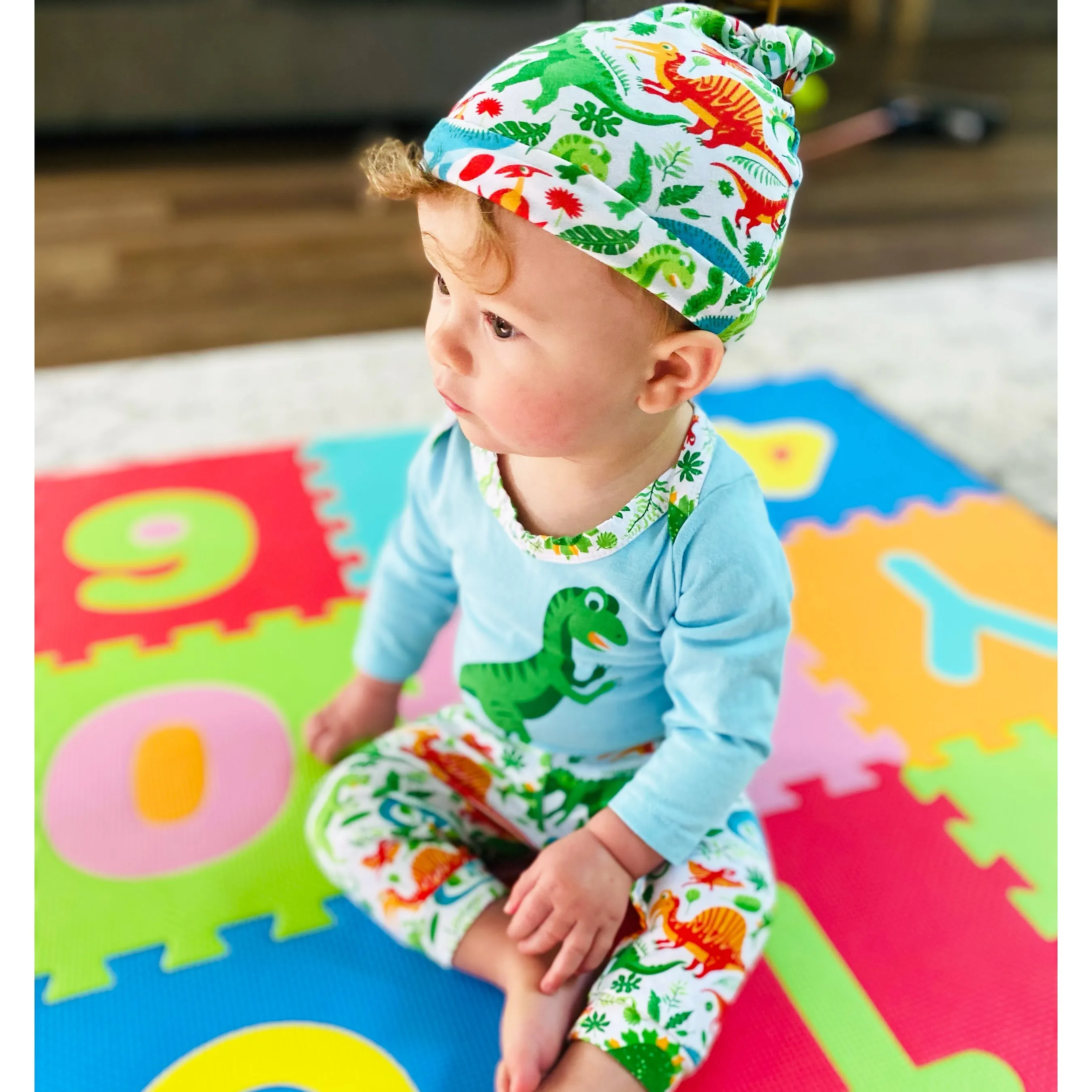 AnnLoren Baby Layette Boys Dinosaur Long Sleeve Onesie Pants Cap 3pc Gift Set