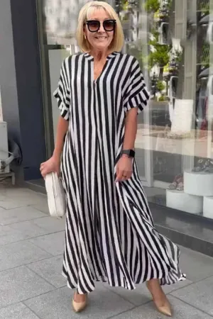Bertha - Boho dress with short sleeves and striped split vest