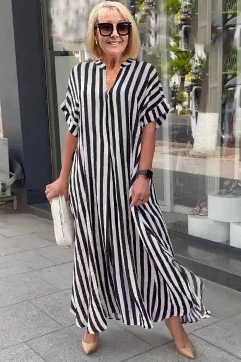 Bertha - Boho dress with short sleeves and striped split vest
