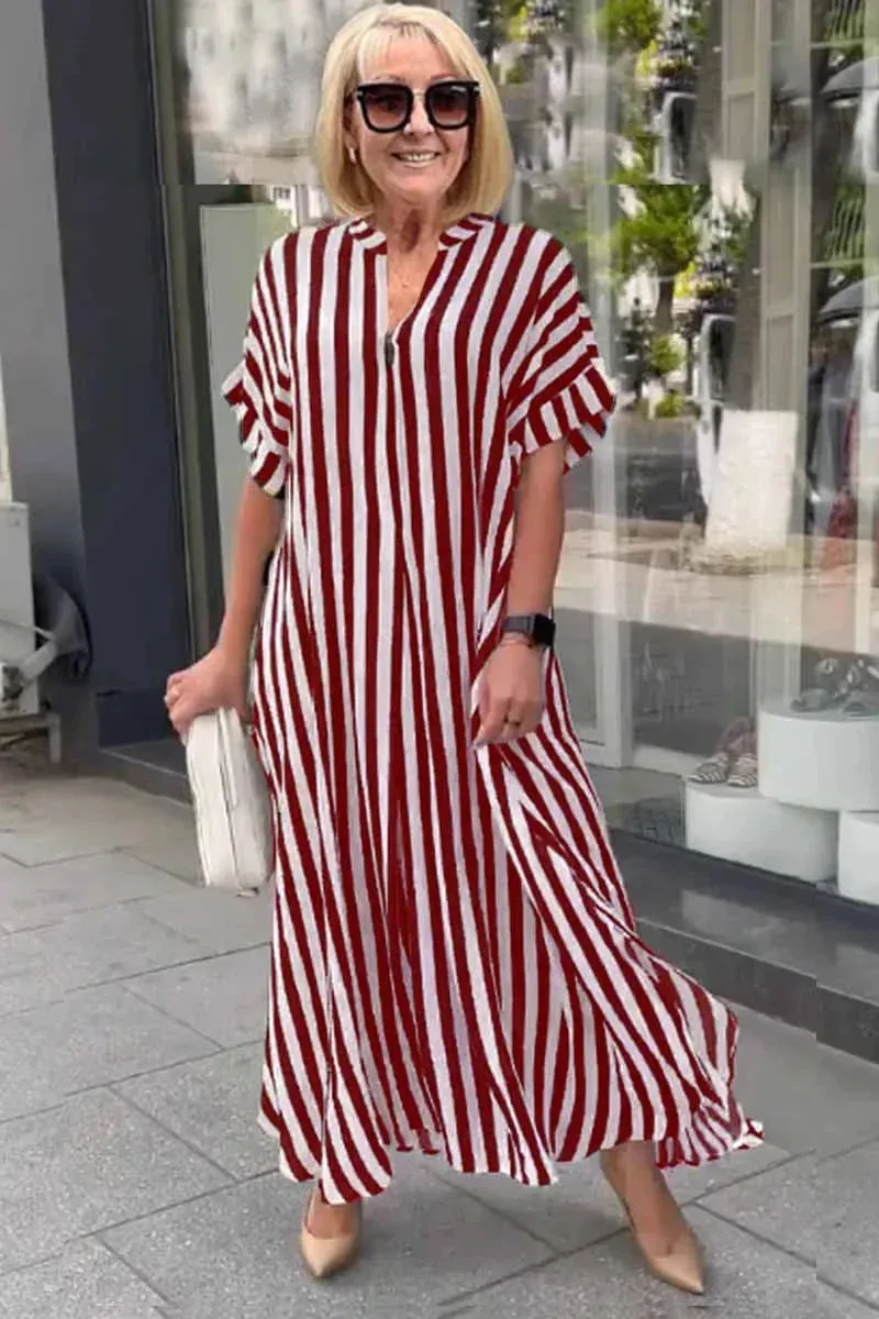 Bertha - Boho dress with short sleeves and striped split vest