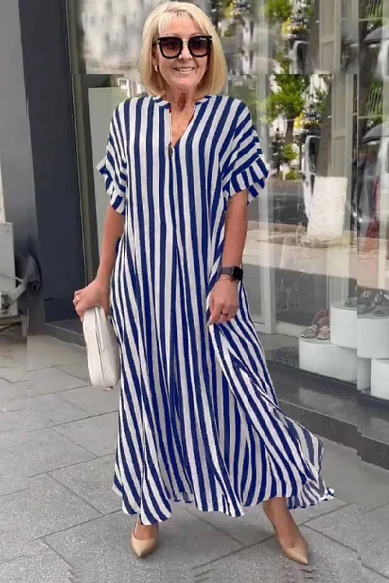 Bertha - Boho dress with short sleeves and striped split vest