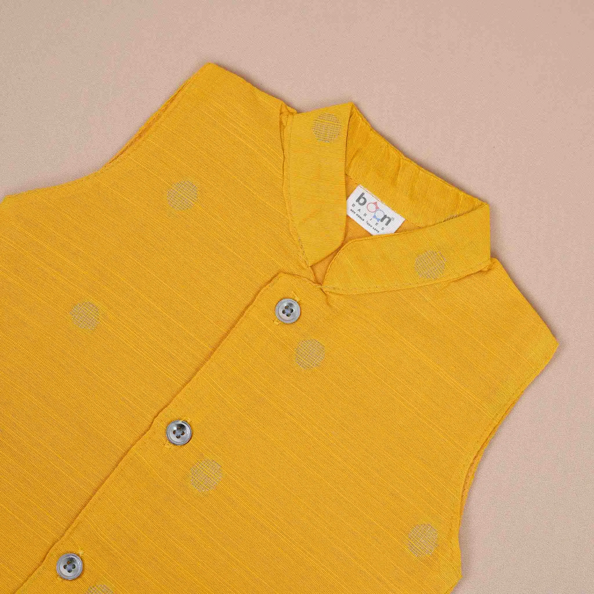 Boys Yellow Silk Panchagajam Set with Mandarin Collar Vest – Traditional Style