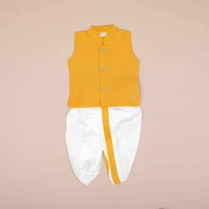 Boys Yellow Silk Panchagajam Set with Mandarin Collar Vest – Traditional Style