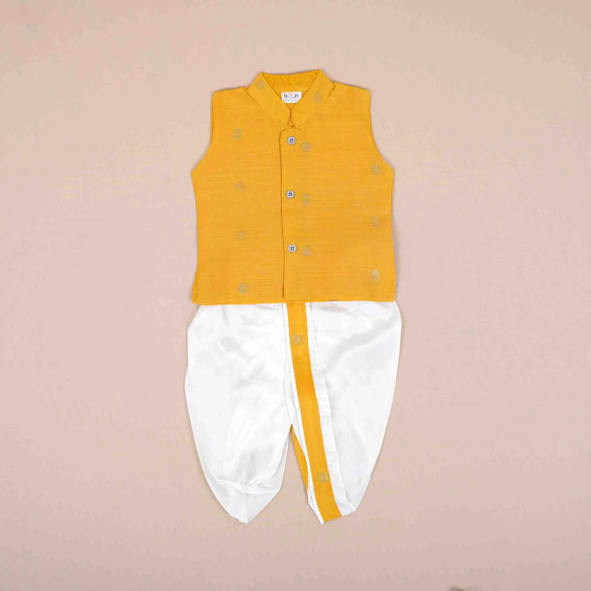 Boys Yellow Silk Panchagajam Set with Mandarin Collar Vest – Traditional Style