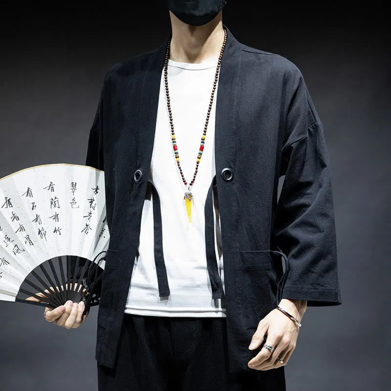 Buddha Stones Solid Color Lace-up Open Front Jacket Cotton Men's Kimono