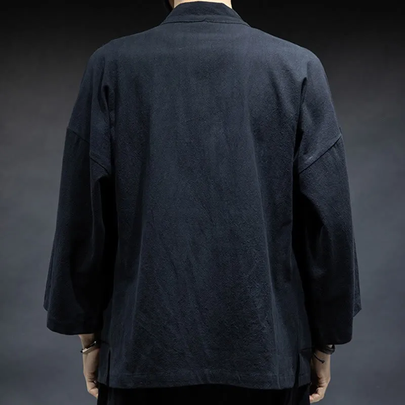 Buddha Stones Solid Color Lace-up Open Front Jacket Cotton Men's Kimono