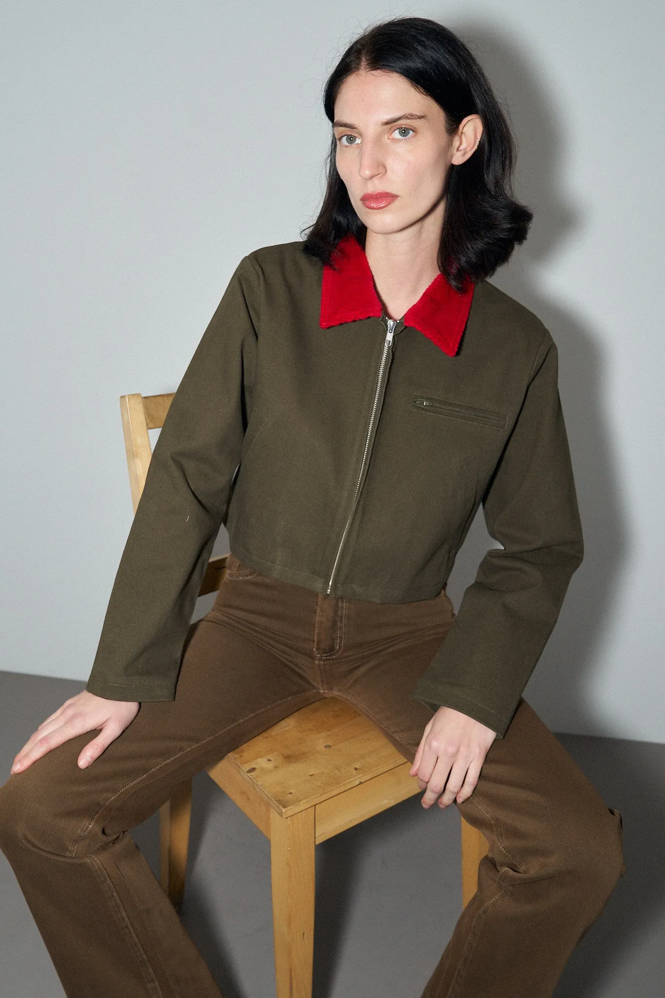Canvas Construction Crop Jacket in Moss/red