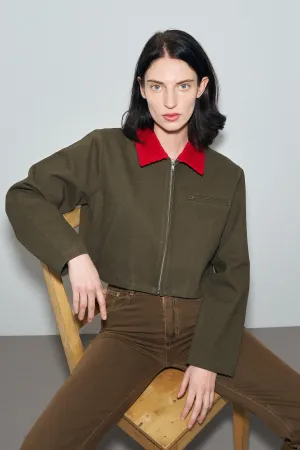 Canvas Construction Crop Jacket in Moss/red