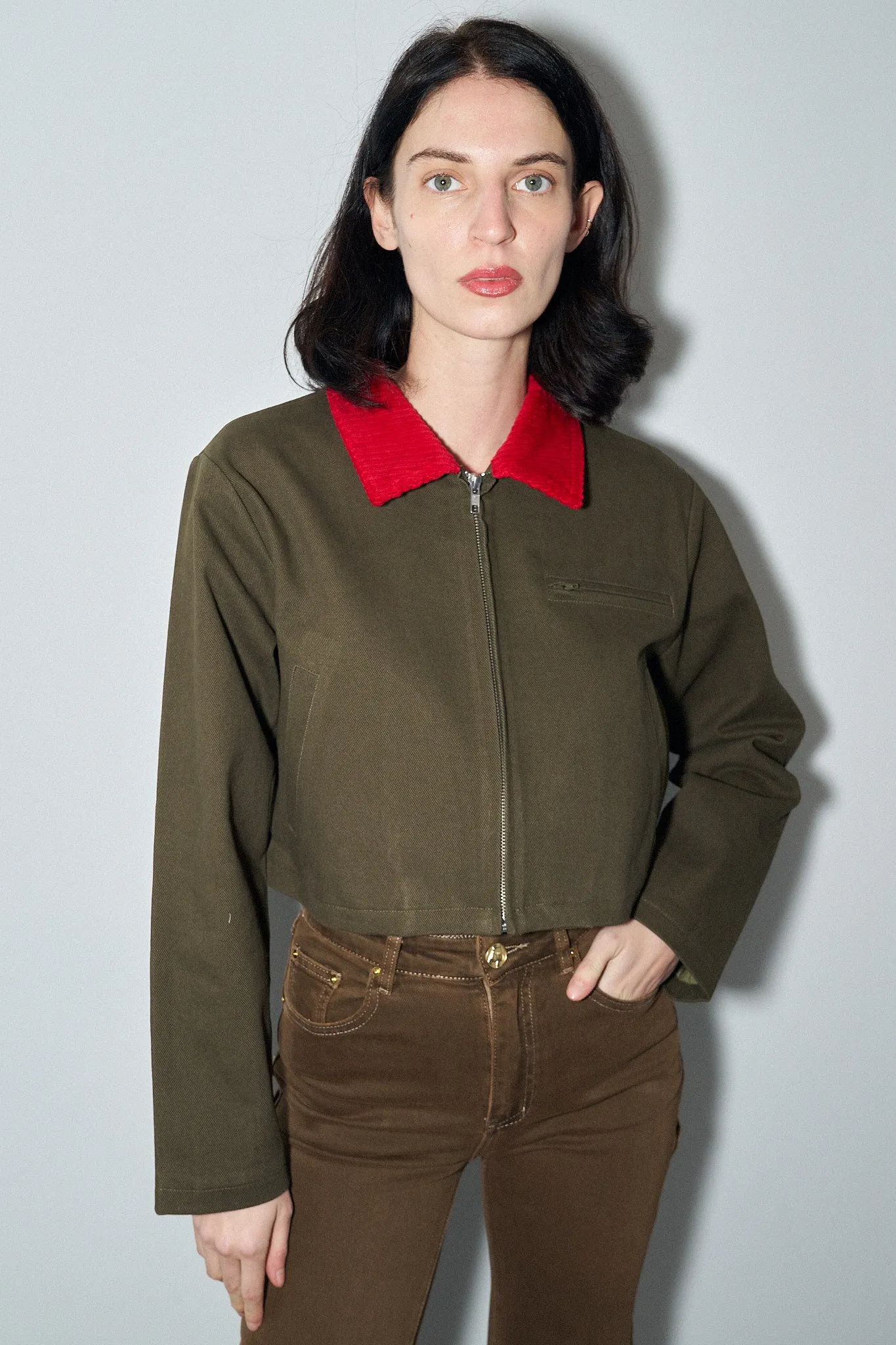 Canvas Construction Crop Jacket in Moss/red