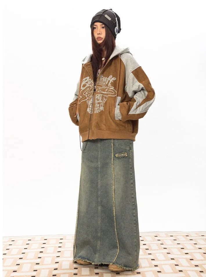 Contrast Faux Suede Zip Hoodie Jacket