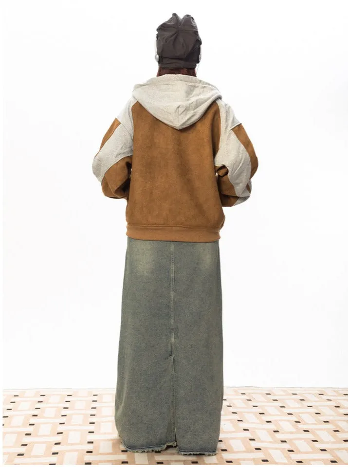 Contrast Faux Suede Zip Hoodie Jacket