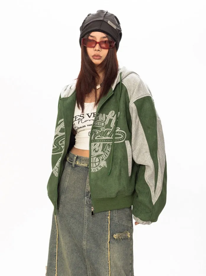 Contrast Faux Suede Zip Hoodie Jacket
