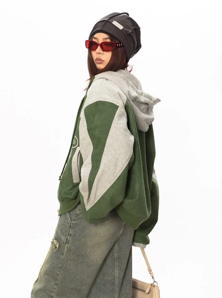 Contrast Faux Suede Zip Hoodie Jacket
