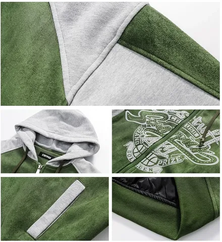 Contrast Faux Suede Zip Hoodie Jacket