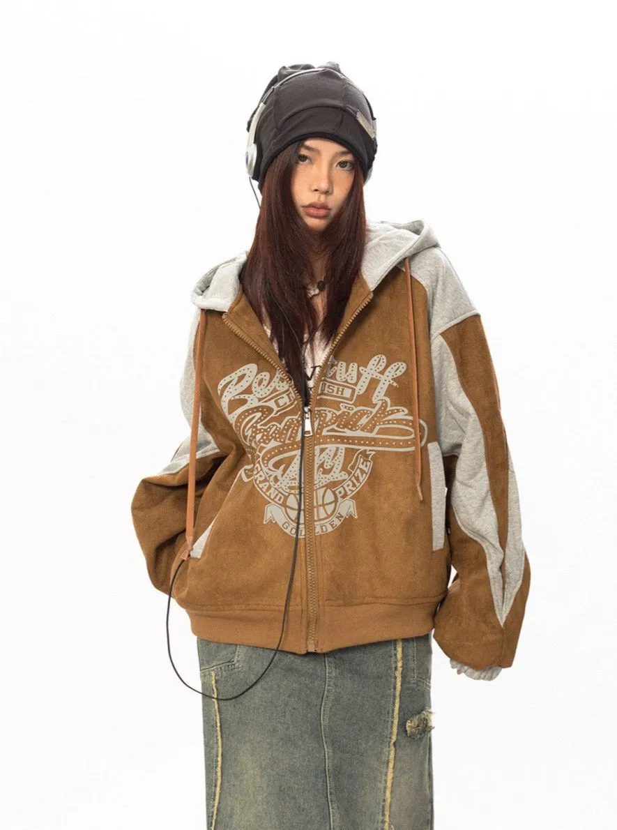 Contrast Faux Suede Zip Hoodie Jacket