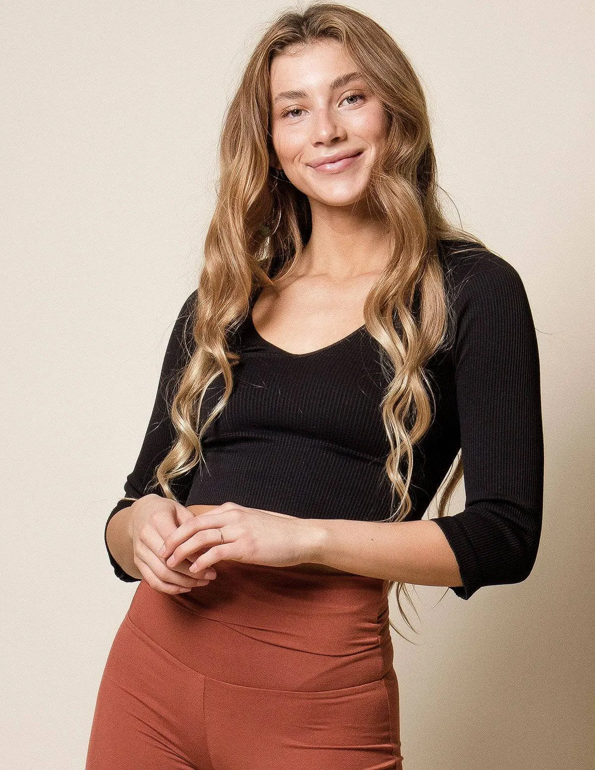 Control Fit Ribbed 3/4 Sleeve Crop Top