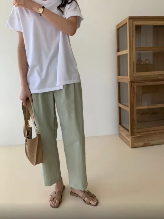 Cool Pin Tuck Loose Fit Pants Back w/ Waist Band (시원한 바스락소재)