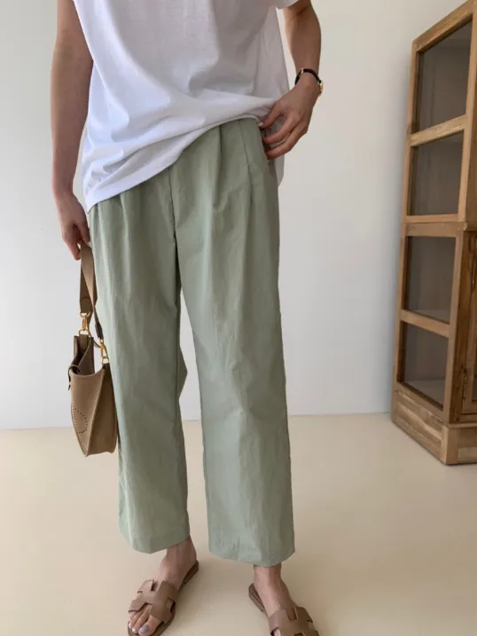 Cool Pin Tuck Loose Fit Pants Back w/ Waist Band (시원한 바스락소재)