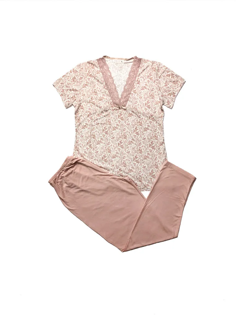 Cotton Pattern Lace-Trim Pajama Lounge Set