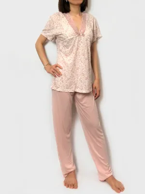 Cotton Pattern Lace-Trim Pajama Lounge Set