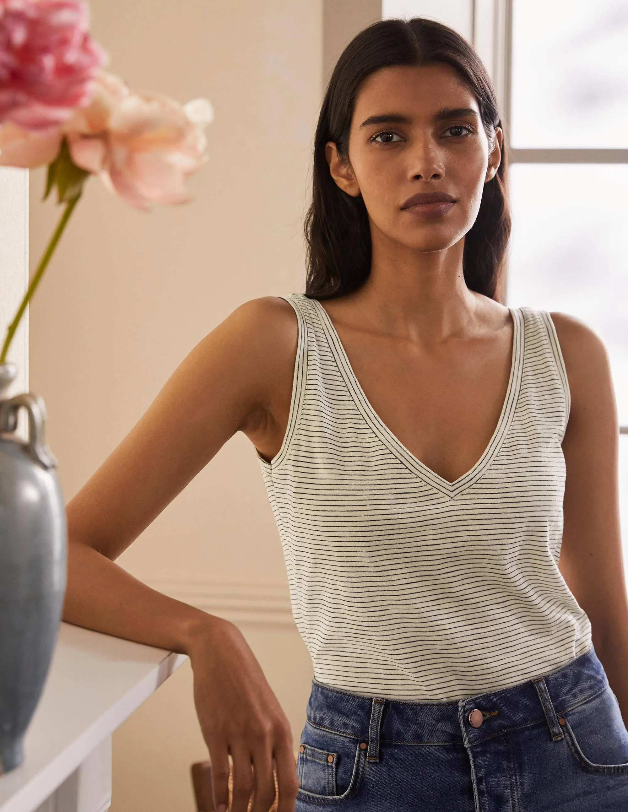 Cotton Vest-Ivory / Navy Stripe