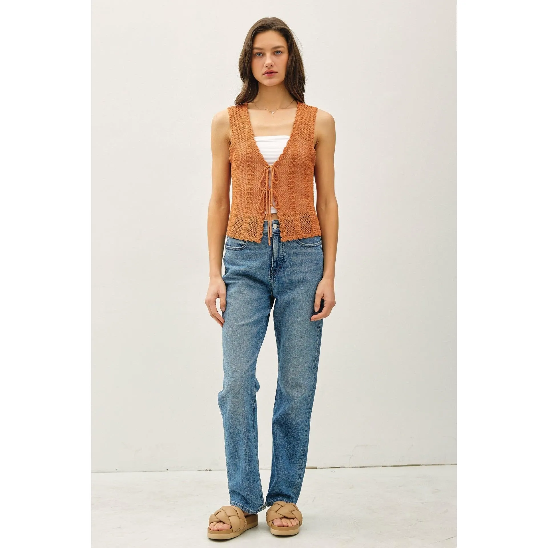 Crochet Knit Vest W/ Tie Fastenings || Apricot