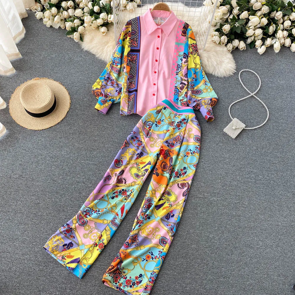 French Retro Print Loose Shirt Trousers Suit