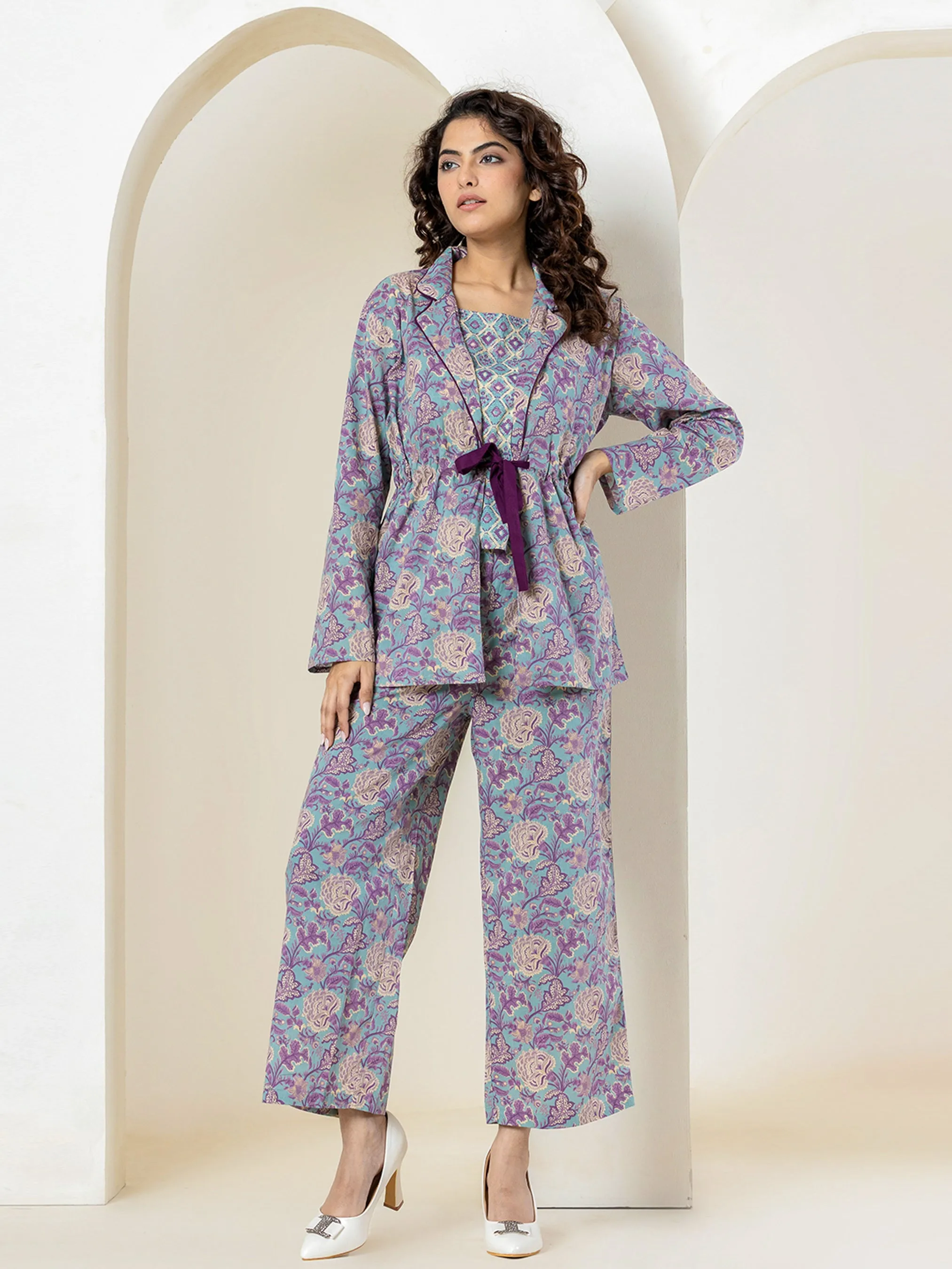 Front belt Cyan Purple Pure Cotton Jacket set of 3