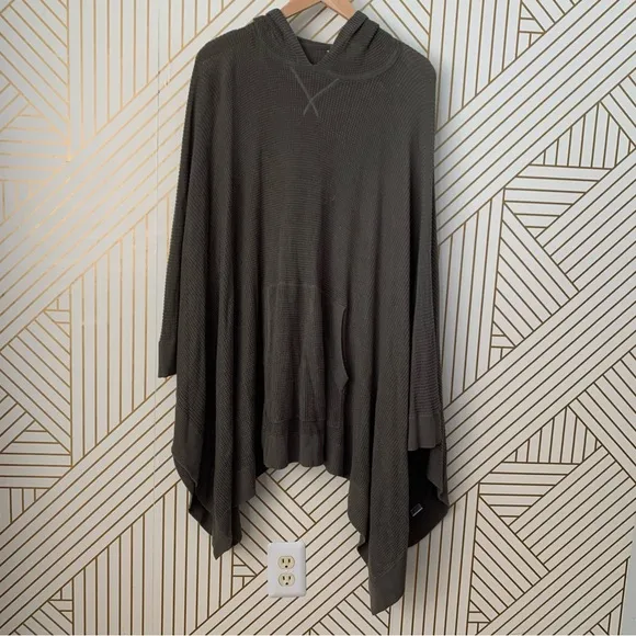 Garnet Hill Merino Wool Blend Hooded hood Waffle-Stitch Poncho hunter Size L/XL