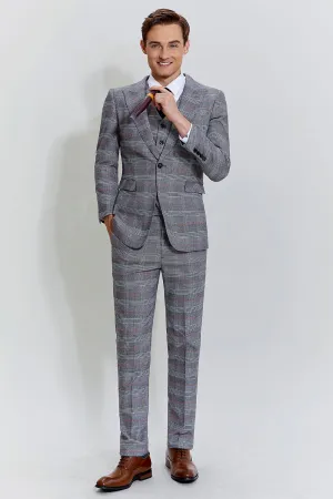 Grey Plaid Wide Peak Lapel 3 Piece Single Breasted Men's Suits