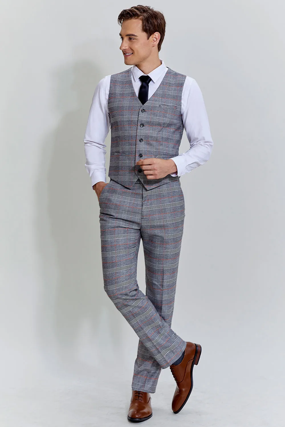 Grey Plaid Wide Peak Lapel 3 Piece Single Breasted Men's Suits