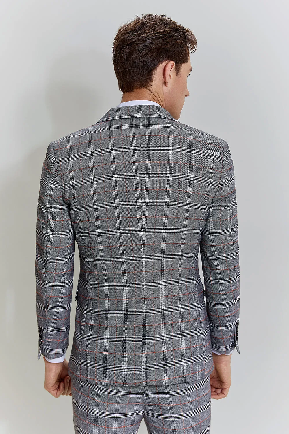 Grey Plaid Wide Peak Lapel 3 Piece Single Breasted Men's Suits
