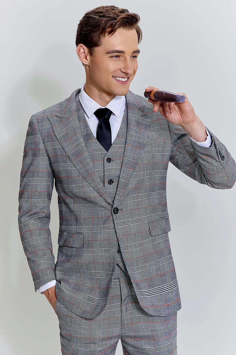 Grey Plaid Wide Peak Lapel 3 Piece Single Breasted Men's Suits