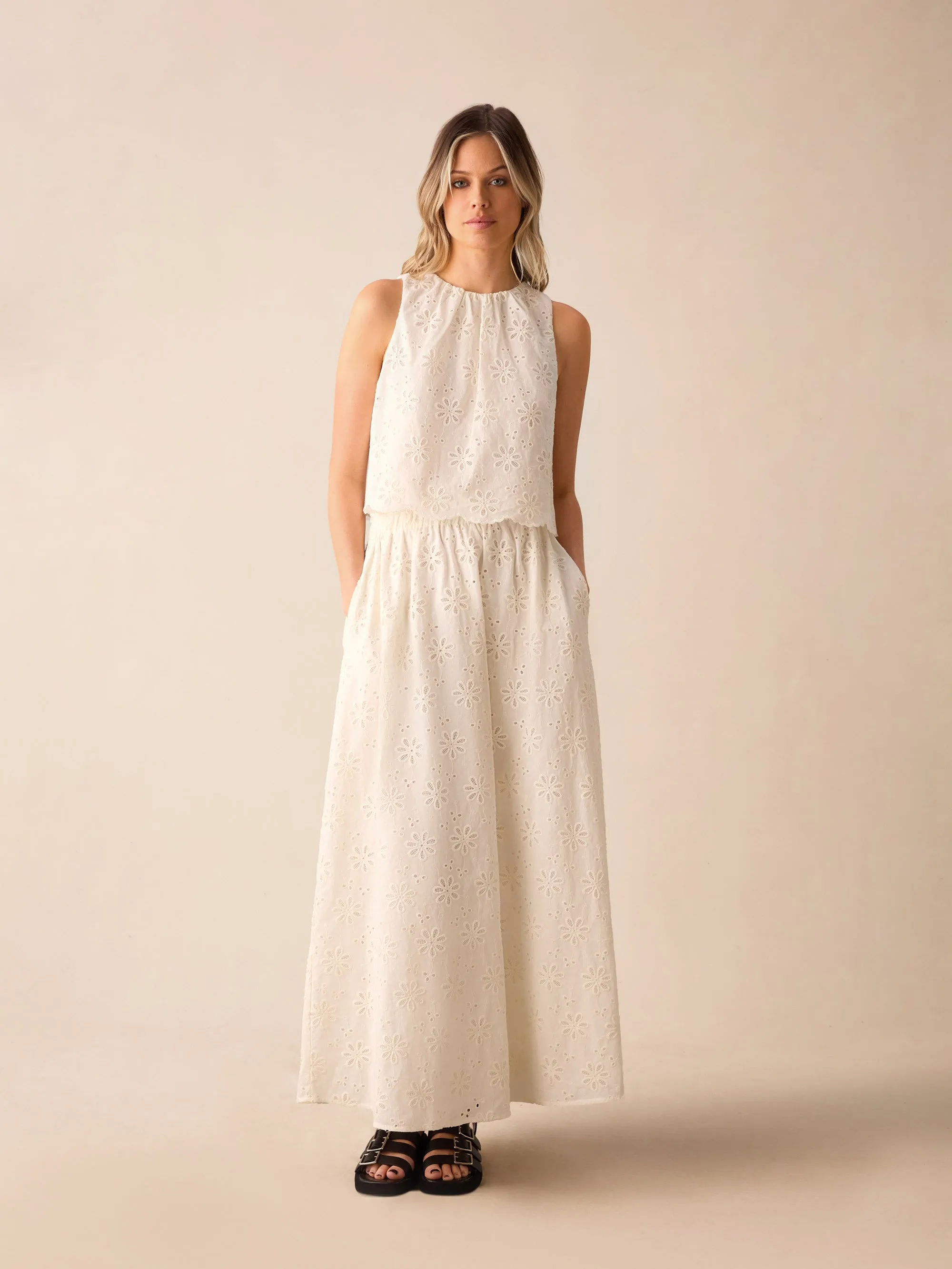 Ivory Broderie Scallop Hem Top