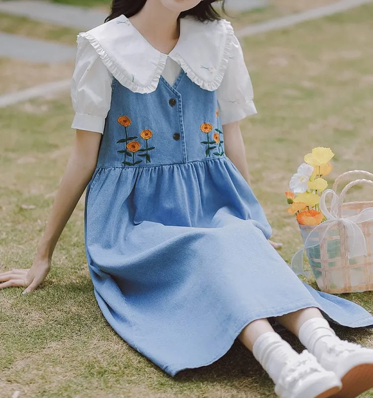 Japanese Sweet Denim Suspender Skirt Set