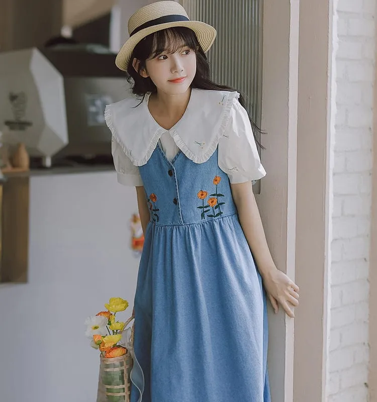 Japanese Sweet Denim Suspender Skirt Set