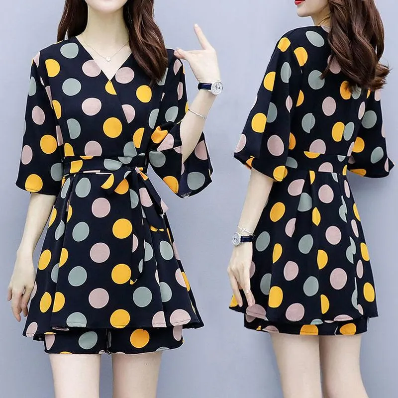Ladies Suit Two-piece Shorts   Long Loose Shirt Covering Belly and Thin Chiffon Fabric Light and Breathable Loose Casual Suit