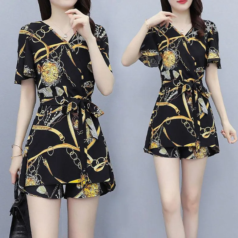 Ladies Suit Two-piece Shorts   Long Loose Shirt Covering Belly and Thin Chiffon Fabric Light and Breathable Loose Casual Suit