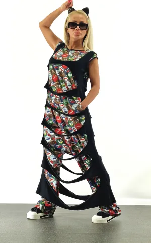 Lady casual jumpsuit, Summer Jumpsuit with Asimetric Long Top, Loose harem jumpsuit, Extravagant jumpsuit, Open Back Gothic Jumpsuit