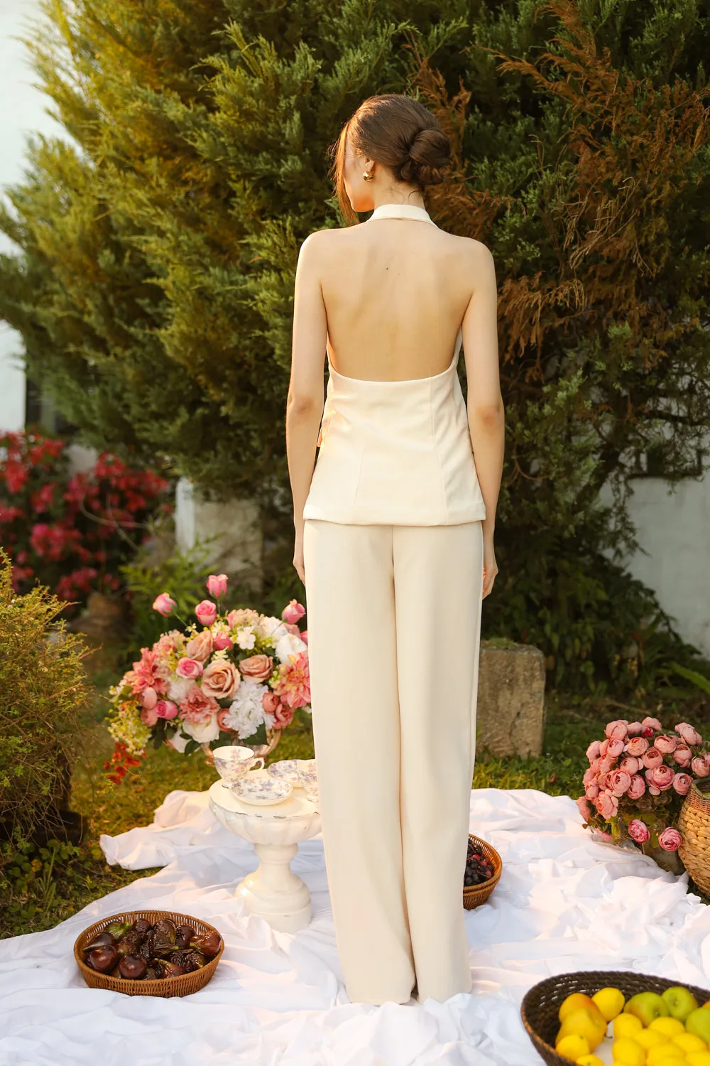 LOGAN SET Sleevess Vest with Open Front and Wide Leg Pant (Cream Spancrepe)