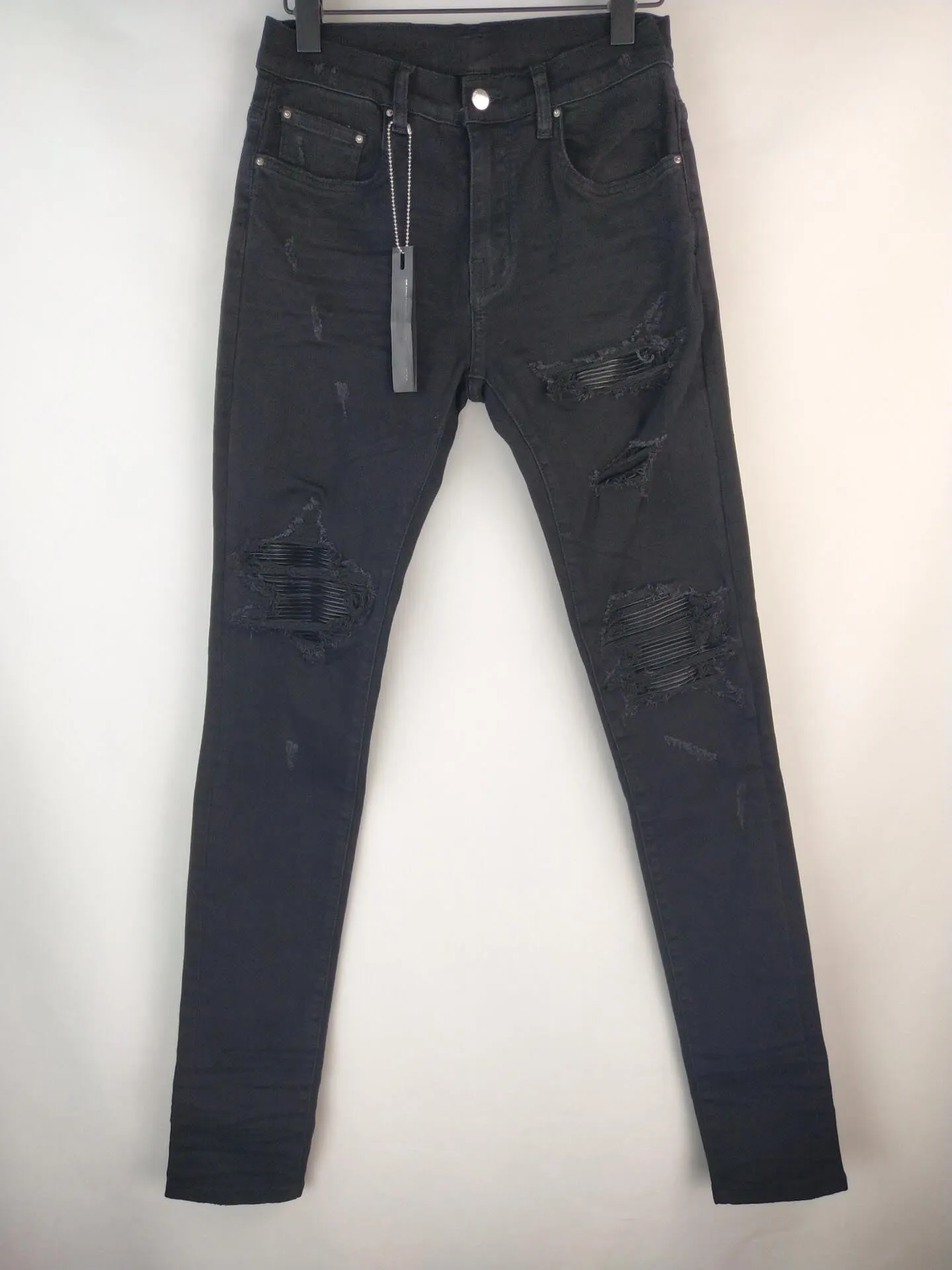 men stretchy skinny ribbed patch distressed black jeans