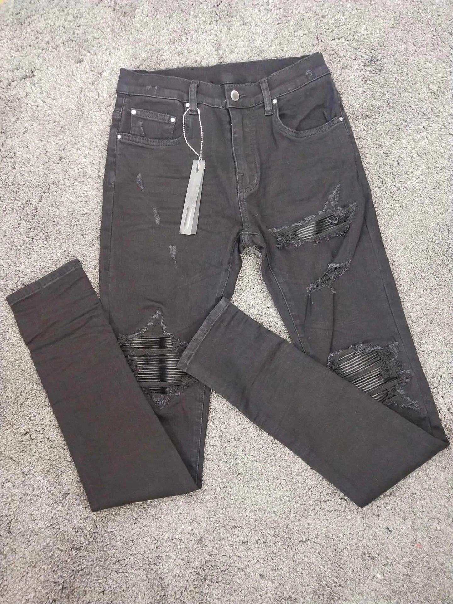 men stretchy skinny ribbed patch distressed black jeans