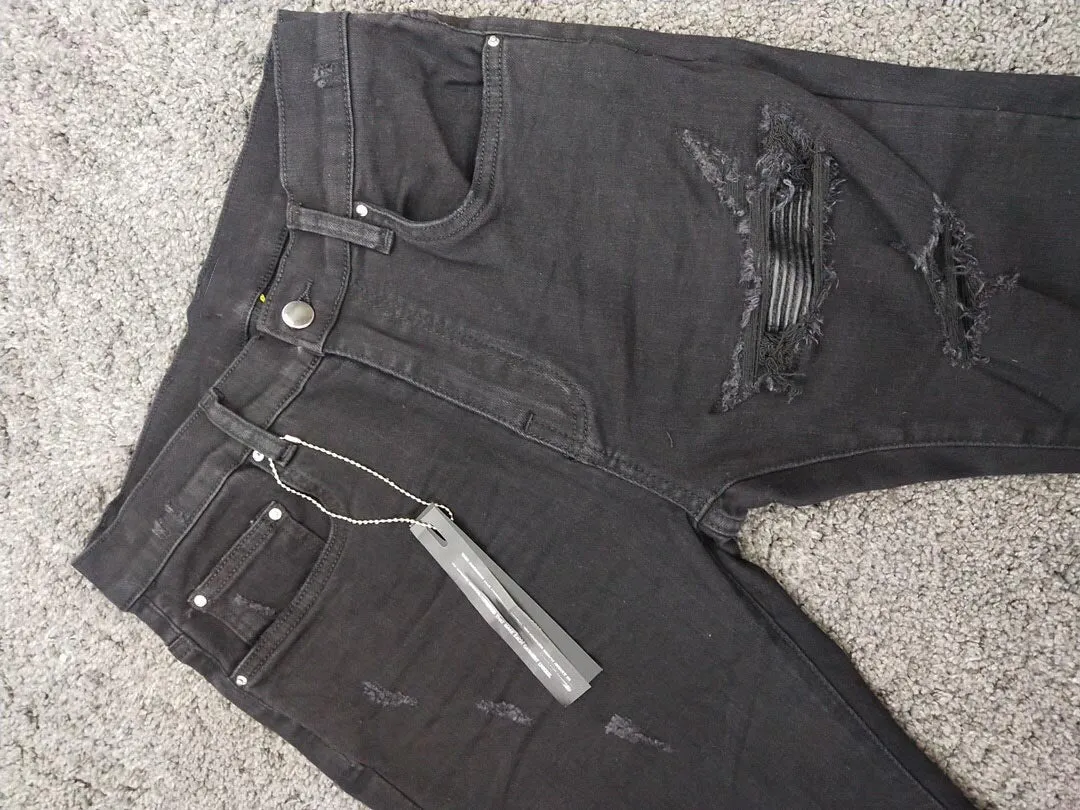 men stretchy skinny ribbed patch distressed black jeans