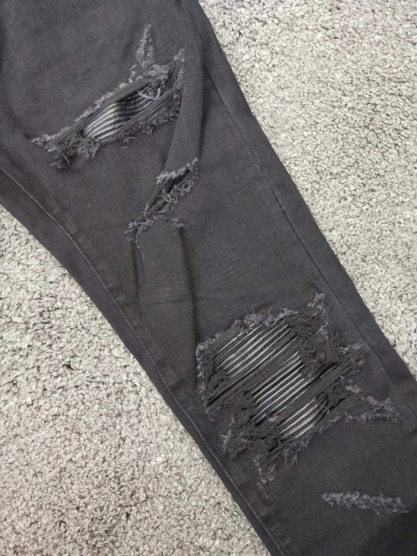 men stretchy skinny ribbed patch distressed black jeans
