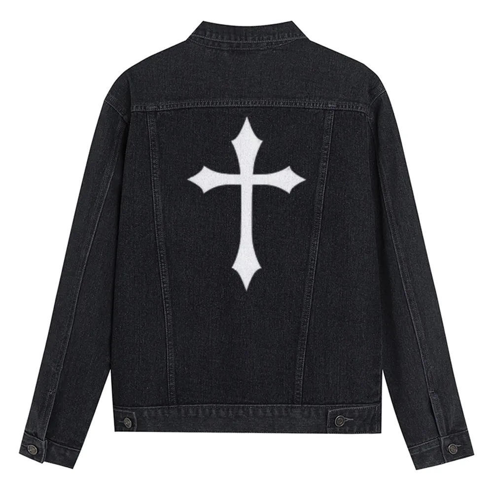 Mens Cross Graphic Button Up Denim Jacket