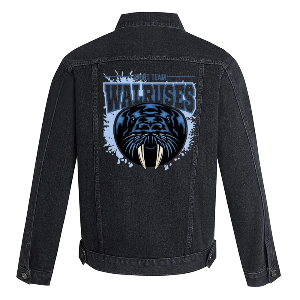 Mens Vintage Cartoon Prints SPORT TEAM WALRUSES Denim Jacket