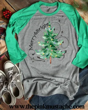 Merry and Bright Christmas Tree Raglan  Quality Soft Tee/ Christmas Tee